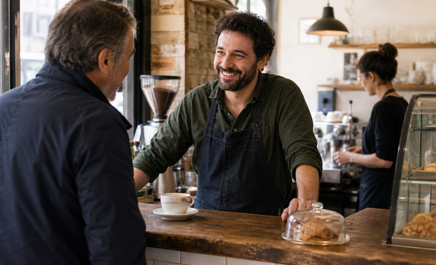 Dueño de una cafetería saludando con cercanía a un cliente habitual