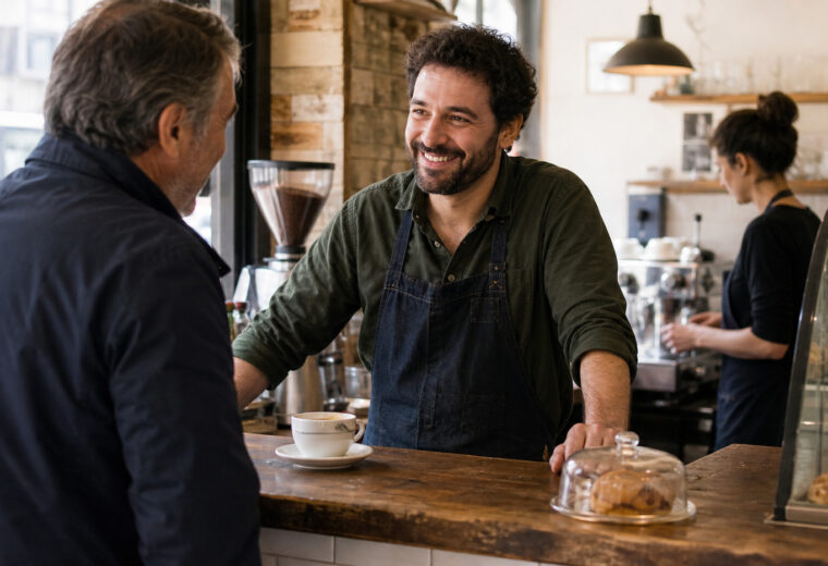 Dueño de una cafetería saludando con cercanía a un cliente habitual