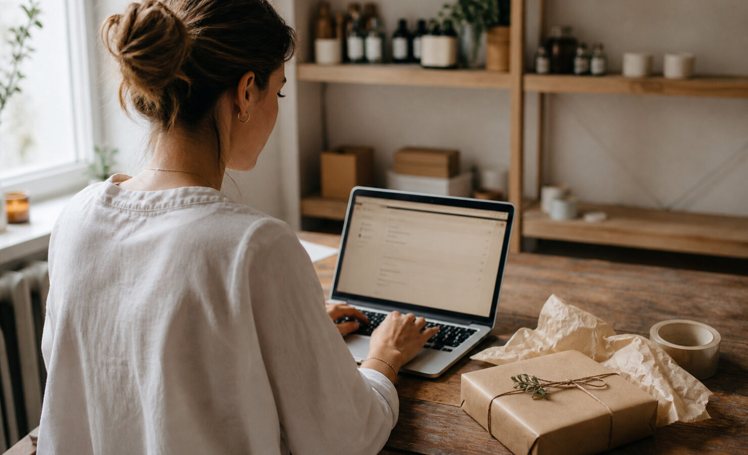 Dueña de una tienda online escribiendo un correo junto a un paquete preparado