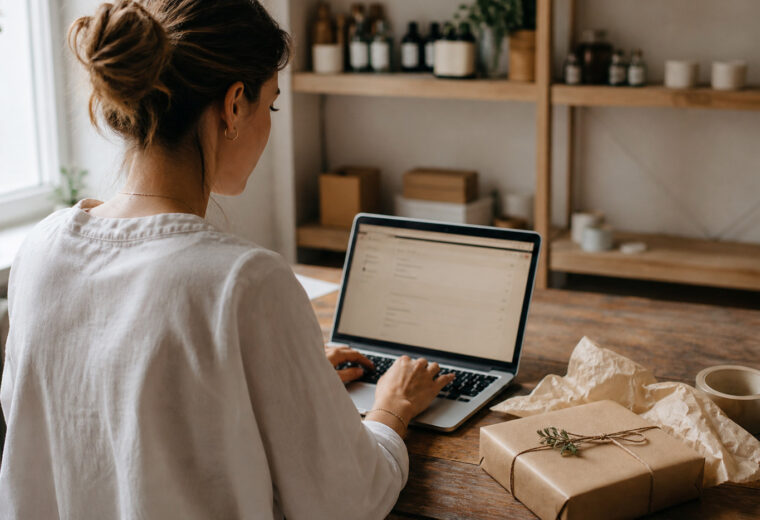 Dueña de una tienda online escribiendo un correo junto a un paquete preparado