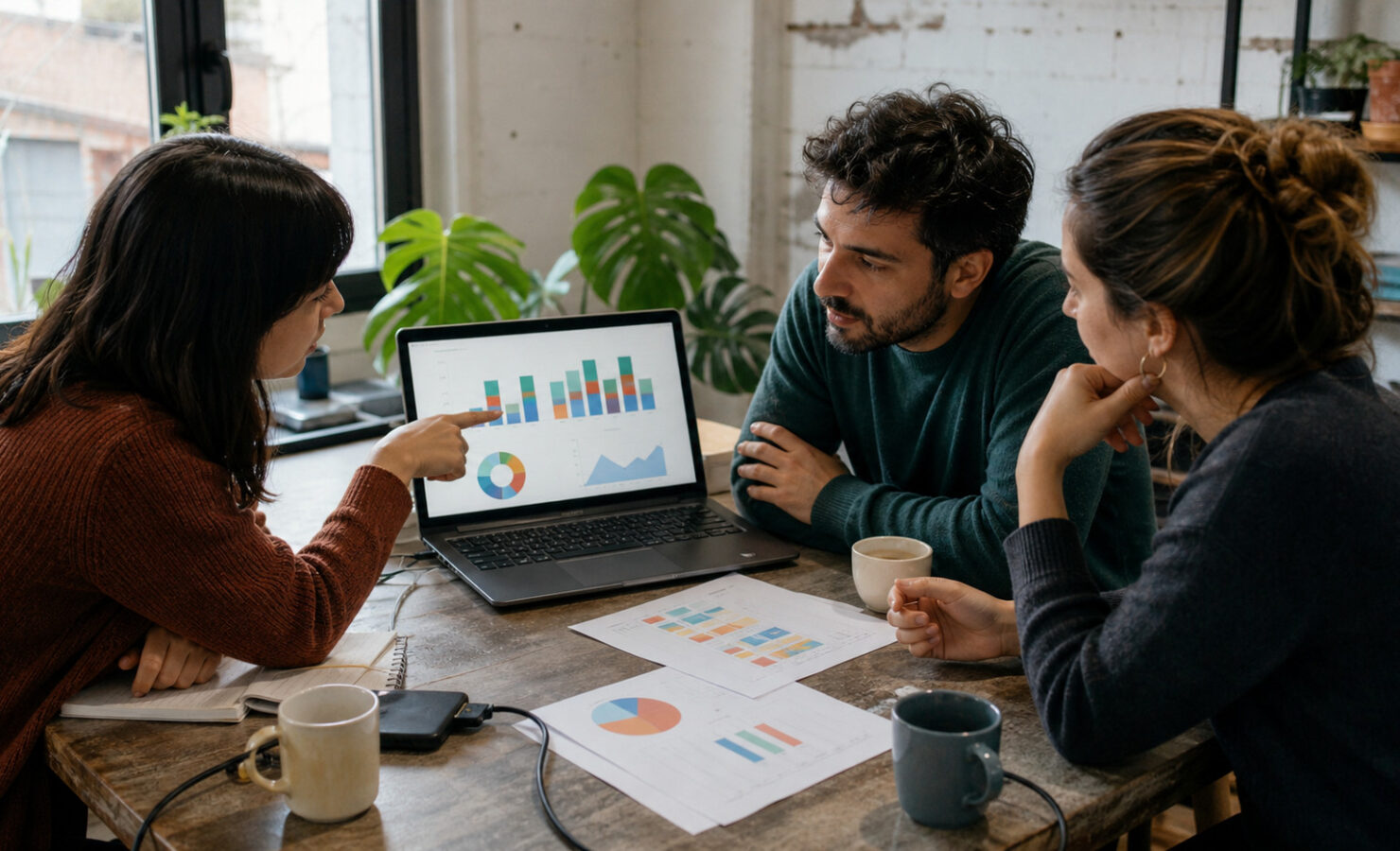 Pequeño equipo analizando gráficos de clientes alrededor de un portátil