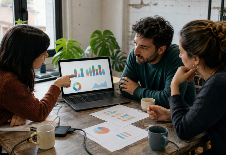 Pequeño equipo analizando gráficos de clientes alrededor de un portátil