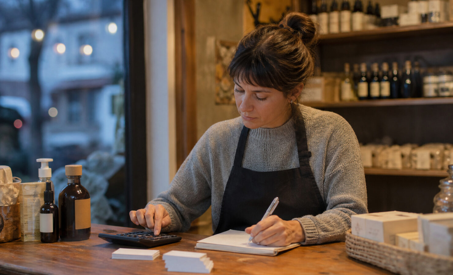 Comerciante calculando una propuesta de fidelización en una libreta