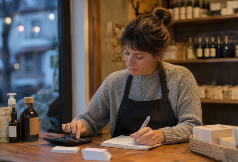Comerciante calculando una propuesta de fidelización en una libreta