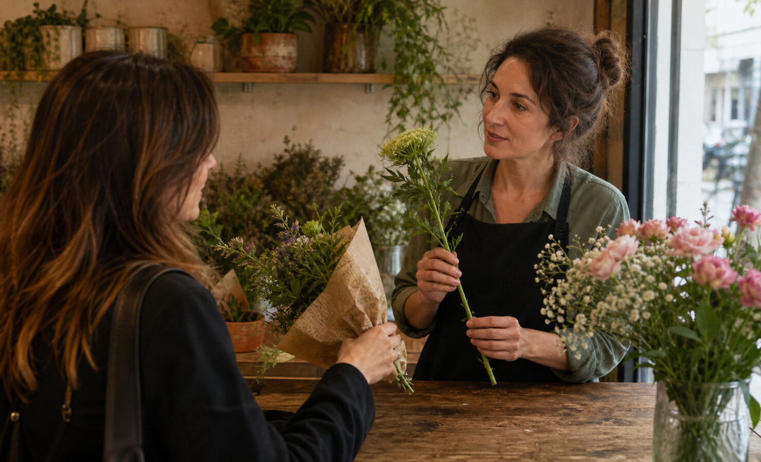 Florista escuchando a una clienta y ofreciéndole una flor de sustitución