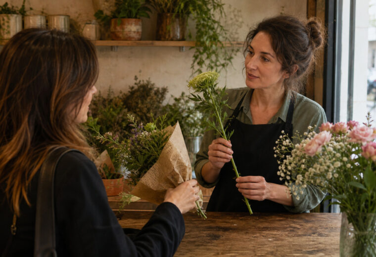 Florista escuchando a una clienta y ofreciéndole una flor de sustitución