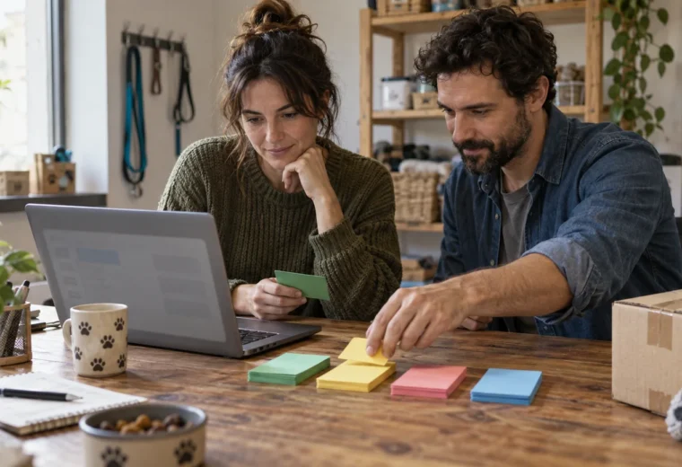 Dos personas de un pequeño negocio ordenan tarjetas de colores junto a un portátil sin datos legibles