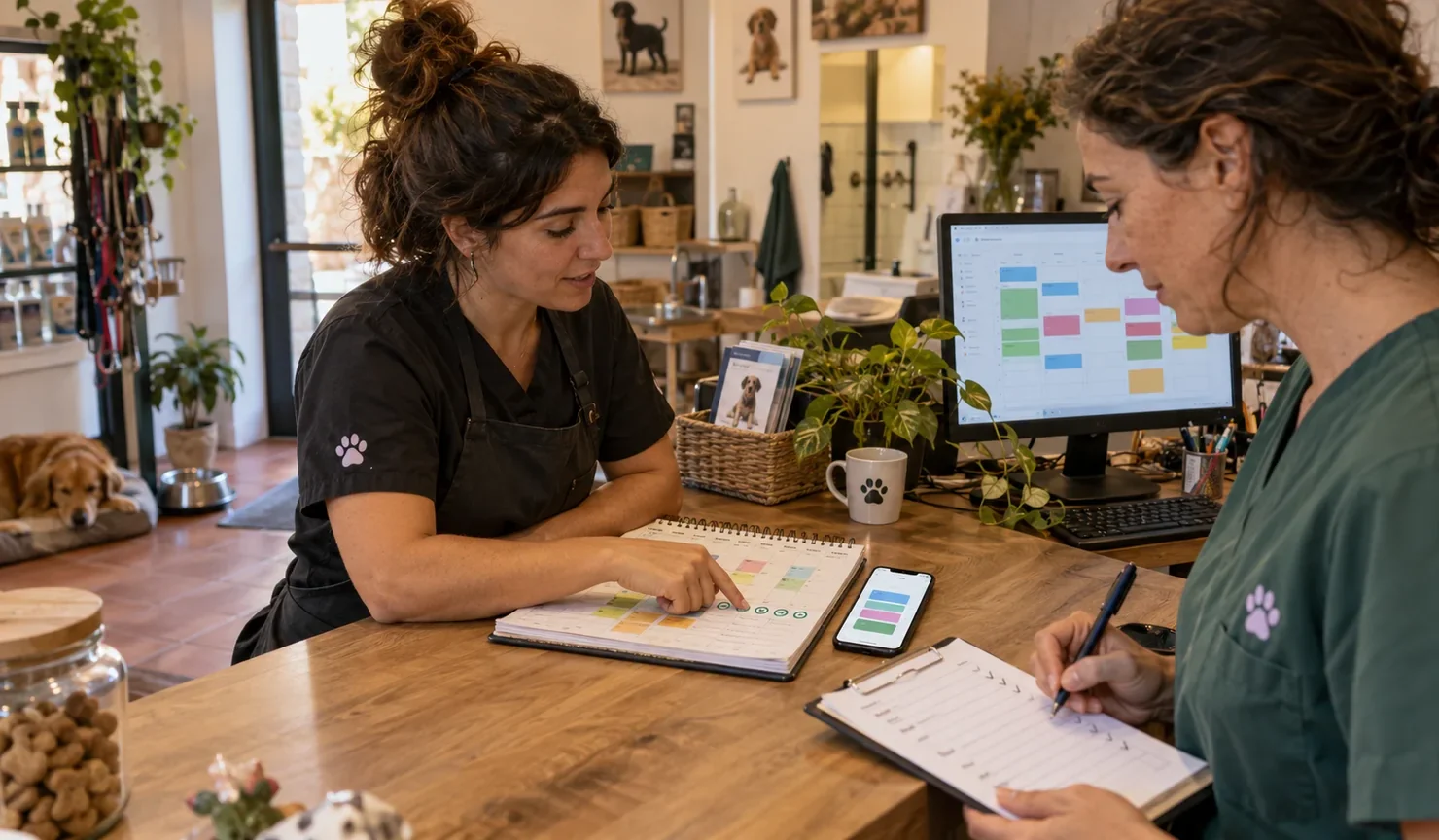 Dos profesionales comparan una agenda con estados de recordatorios y una hoja de seguimiento sin datos legibles