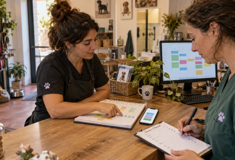Dos profesionales comparan una agenda con estados de recordatorios y una hoja de seguimiento sin datos legibles